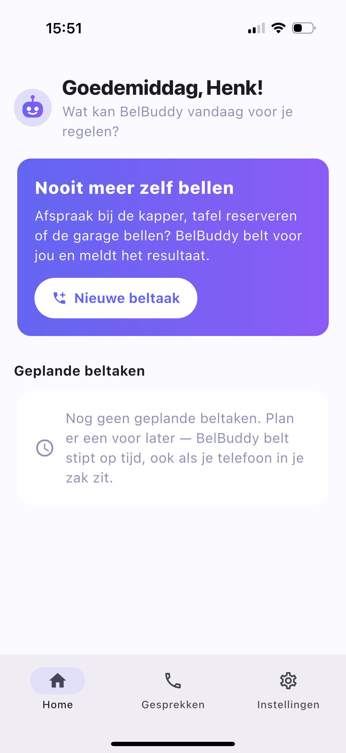 BelPilot-app met begroeting en geplande beltaken